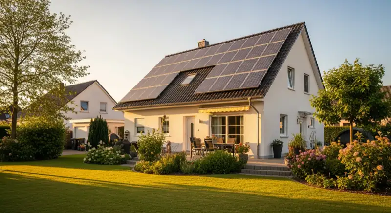 German detached house (Einfamilienhaus) with photovoltaic panels on pitched roof, well-maintained garden, warm afternoon sunlight