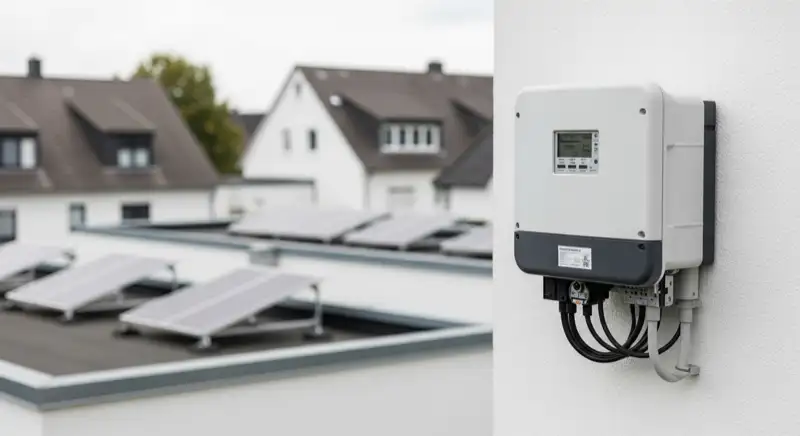 Modern German electrical meter cabinet (Zählerschrank) with smart meter and solar inverter connection, clean technical installation