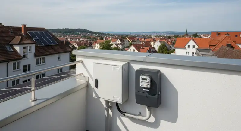 Modern German electrical meter cabinet (Zählerschrank) with smart meter and solar inverter connection, clean technical installation