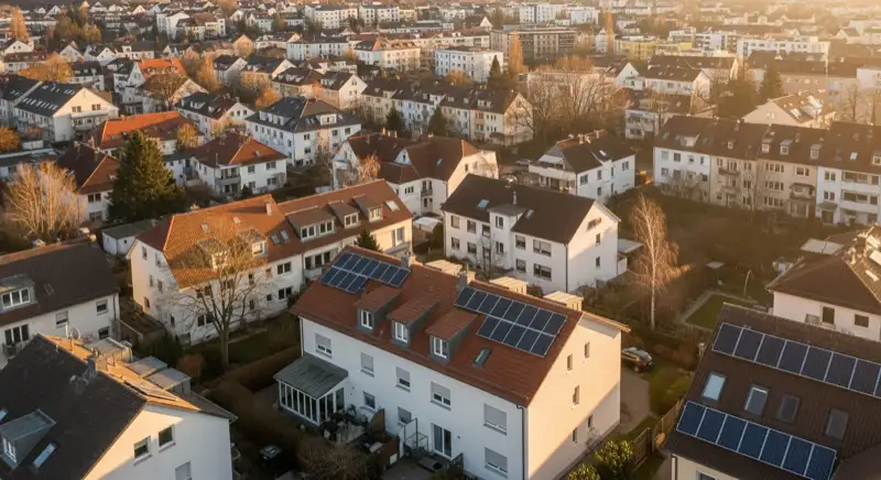 Aerial drone view of typical German residential neighborhood with mixed roof types, red and dark roof tiles, gardens visible, sunny day