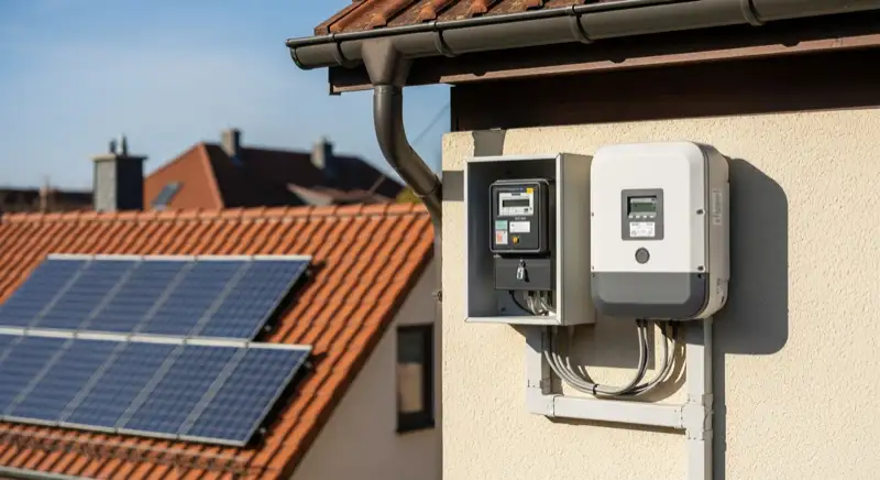 Modern German electrical meter cabinet (Zählerschrank) with smart meter and solar inverter connection, clean technical installation