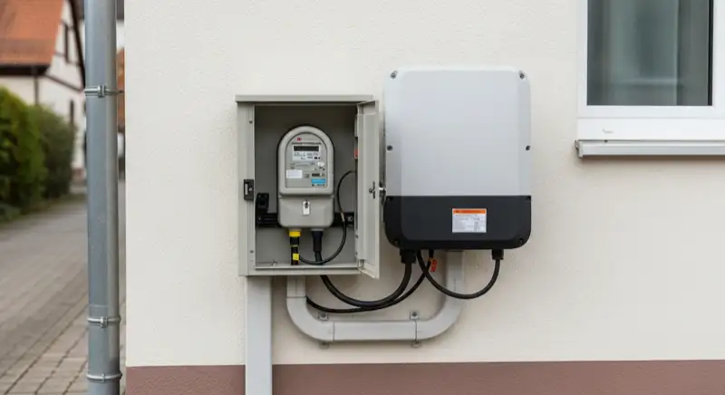 Modern German electrical meter cabinet (Zählerschrank) with smart meter and solar inverter connection, clean technical installation