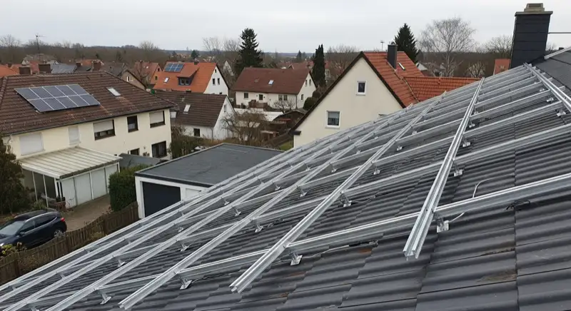 Installateur befestigt PV-Unterkonstruktion auf einem geneigten Dach in Torgau