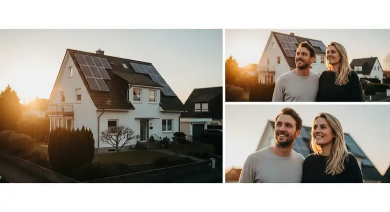 Familie vor ihrem Troisdorfer Eigenheim mit Solaranlage auf dem Dach