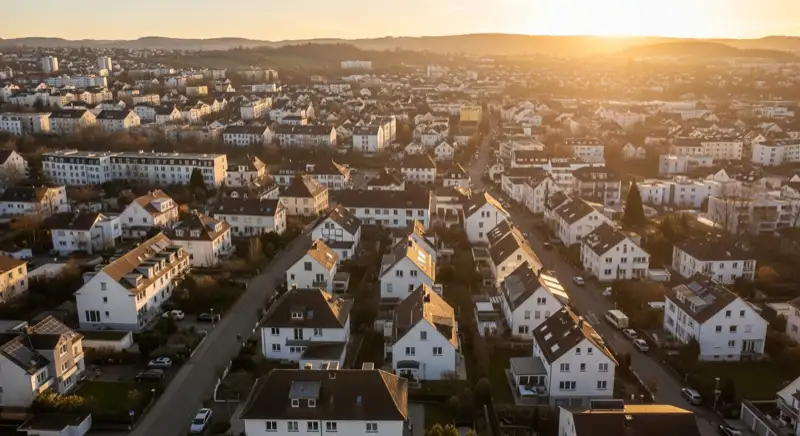 Wohngebiete in Ulm mit verschiedenen Bauformen, typische Einfamilienhäuser und Dachstrukturen aus der Luft
