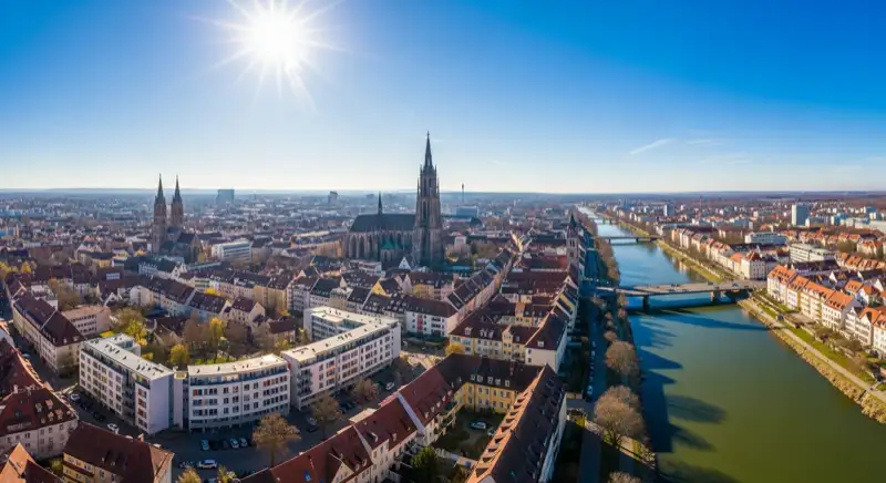 Ulmer Stadtpanorama mit Donau und Münster bei strahlendem Sonnenschein