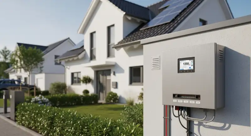Modern German electrical meter cabinet (Zählerschrank) with smart meter and solar inverter connection, clean technical installation
