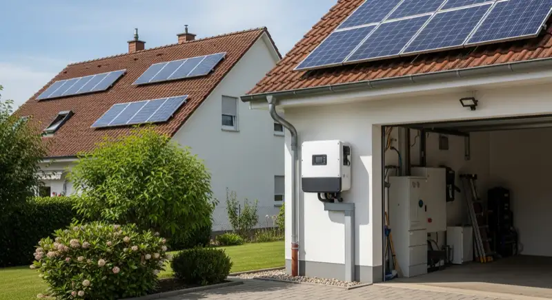 Modern solar inverter mounted on garage wall next to electrical panel, clean professional installation, natural daylight