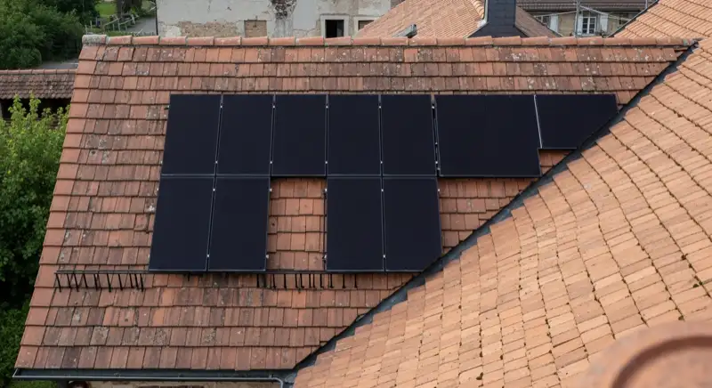 Historisches Dach in Hirschberg bei Warstein mit dezent integrierten dunklen Solarmodulen