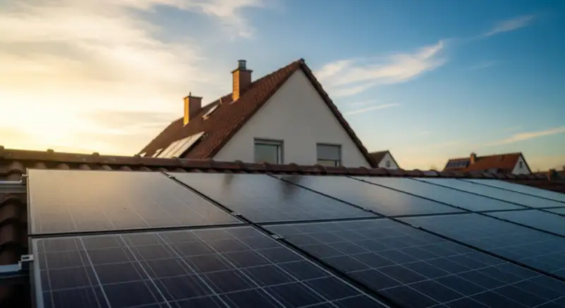 Close-up of photovoltaic solar panels installed on a traditional German Satteldach (gabled roof), blue sky with some clouds