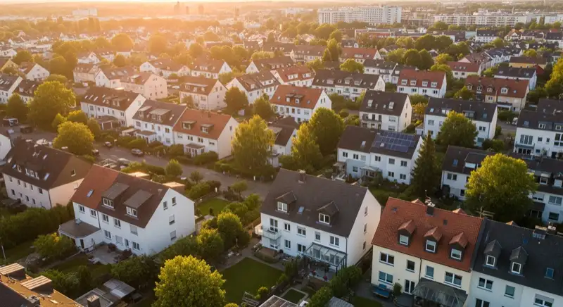 Aerial drone view of typical German residential neighborhood with mixed roof types, red and dark roof tiles, gardens visible, sunny day