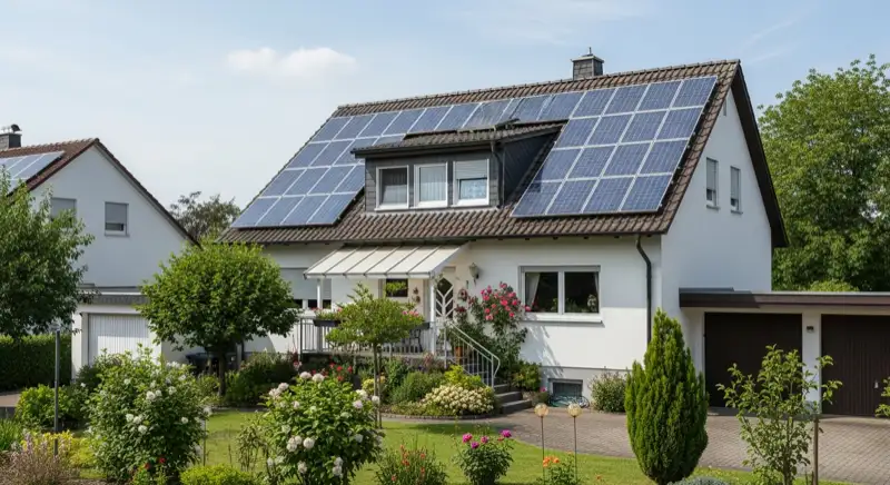 Servicetechniker bei der Wartung einer Photovoltaikanlage auf einem Einfamilienhaus mit Prüfgeräten und Reinigungsausrüstung