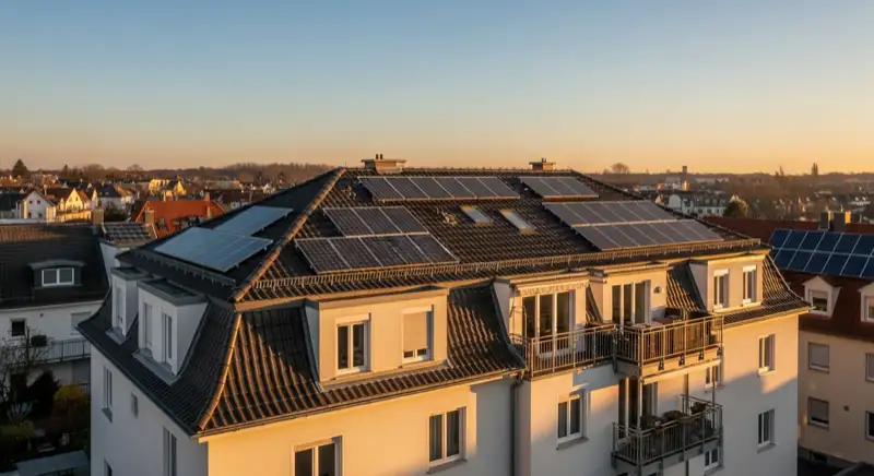 Gründerzeithaus in Weinheimer Weststadt mit PV-Anlage auf komplexem Dach mit Gauben und Erkern