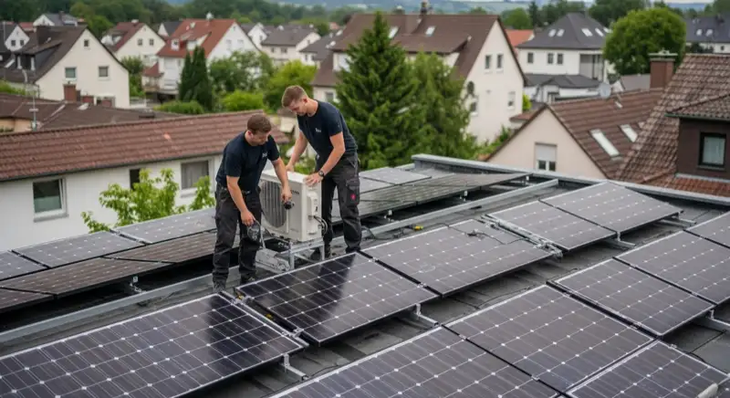 Fachinstallateur montiert Solarmodule auf Wiesbadener Einfamilienhaus-Dach bei Sonnenschein