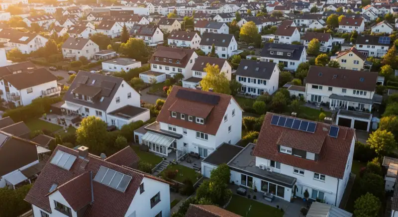 Aerial drone view of typical German residential neighborhood with mixed roof types, red and dark roof tiles, gardens visible, sunny day