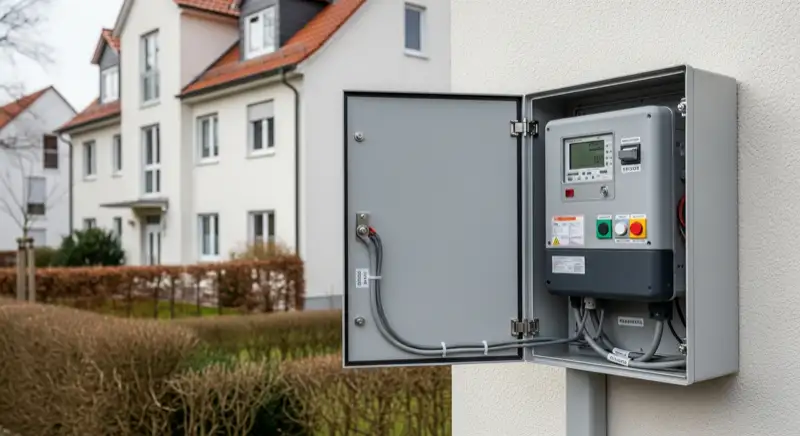 Modern German electrical meter cabinet (Zählerschrank) with smart meter and solar inverter connection, clean technical installation