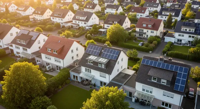 Aerial drone view of typical German residential neighborhood with mixed roof types, red and dark roof tiles, gardens visible, sunny day