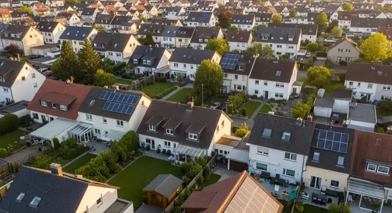Aerial drone view of typical German residential neighborhood with mixed roof types, red and dark roof tiles, gardens visible, sunny day