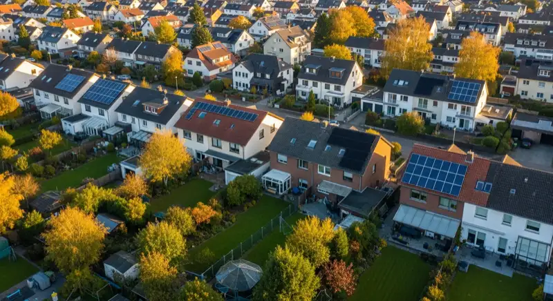 Aerial drone view of typical German residential neighborhood with mixed roof types, red and dark roof tiles, gardens visible, sunny day