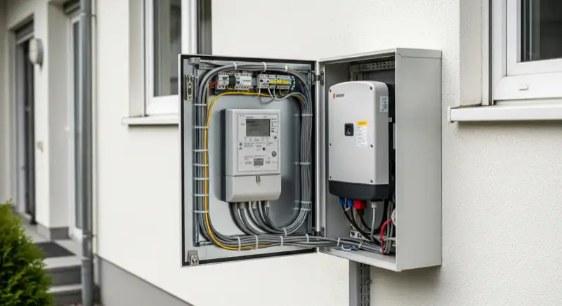 Modern German electrical meter cabinet (Zählerschrank) with smart meter and solar inverter connection, clean technical installation