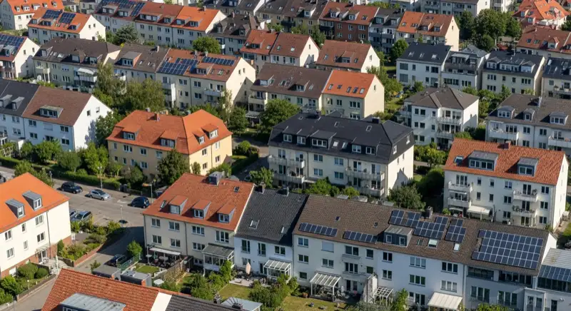 Aerial drone view of typical German residential neighborhood with mixed roof types, red and dark roof tiles, gardens visible, sunny day