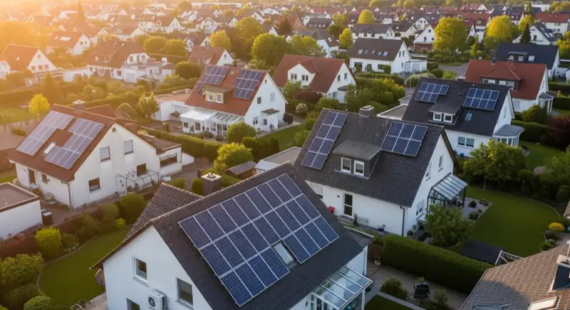 Aerial drone view of typical German residential neighborhood with mixed roof types, red and dark roof tiles, gardens visible, sunny day
