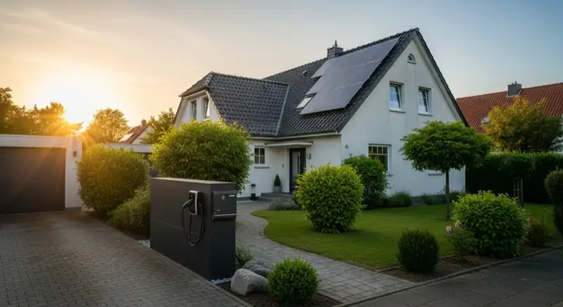 Einfamilienhaus in Wolfsburg mit PV-Anlage auf dem Dach und Wallbox in der Einfahrt für Elektroauto