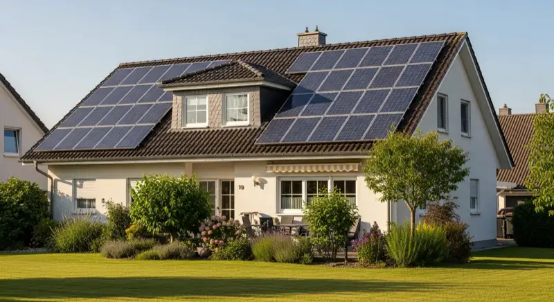 German detached house (Einfamilienhaus) with photovoltaic panels on pitched roof, well-maintained garden, warm afternoon sunlight