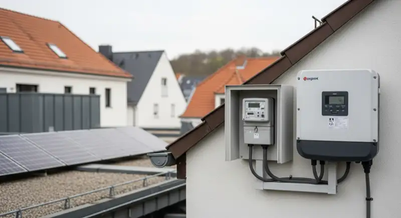 Modern German electrical meter cabinet (Zählerschrank) with smart meter and solar inverter connection, clean technical installation
