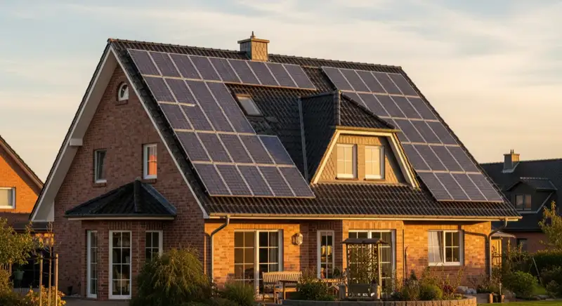 Satteldach mit PV-Anlage an einem freistehenden Haus in einem Wolgaster Ortsteil