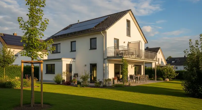 Neubauhaus in Würzburg-Versbach mit Photovoltaikanlage auf dem Dach und Wärmepumpen-Außeneinheit im Garten