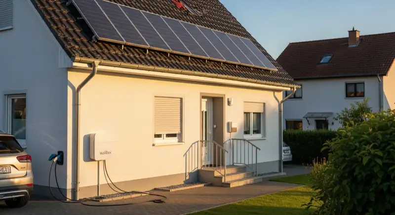 Einfamilienhaus in Wunstorf mit PV-Anlage auf dem Dach und weißer Wallbox an der Hauswand, E-Auto lädt in der Einfahrt