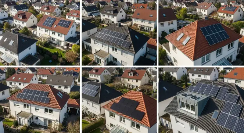 Aerial drone view of typical German residential neighborhood with mixed roof types, red and dark roof tiles, gardens visible, sunny day
