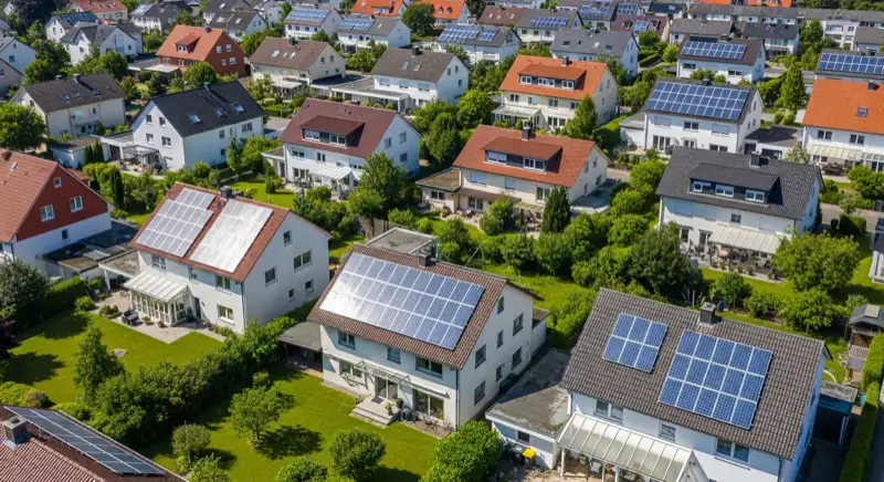 Aerial drone view of typical German residential neighborhood with mixed roof types, red and dark roof tiles, gardens visible, sunny day