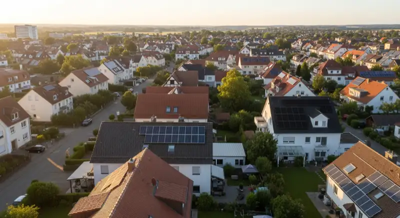 Aerial drone view of typical German residential neighborhood with mixed roof types, red and dark roof tiles, gardens visible, sunny day