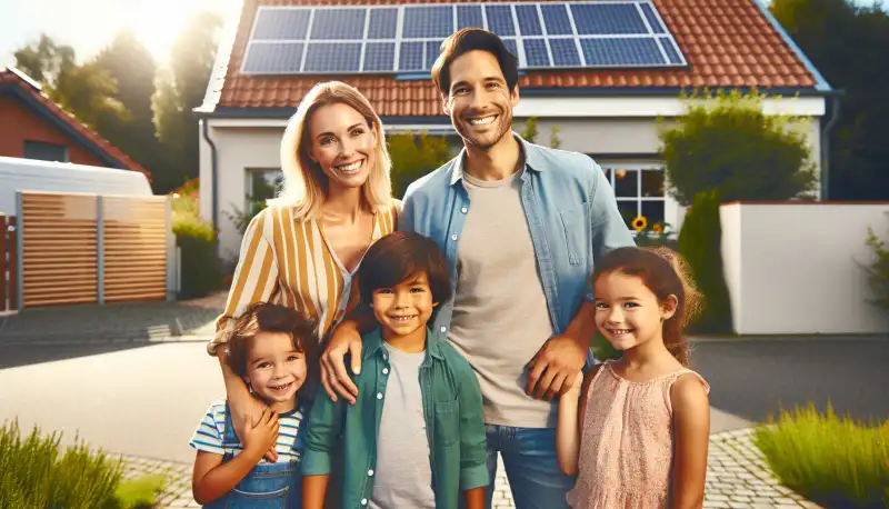 Familie vor ihrem Haus mit PV-Anlage in einer Wuppertaler Wohnsiedlung