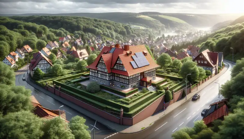 Einfamilienhaus mit PV-Anlage in Wuppertal, hügelige Landschaft des Bergischen Landes im Hintergrund