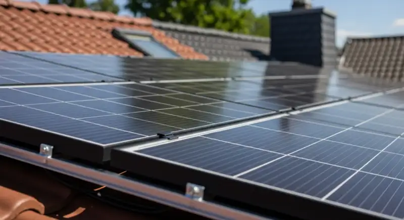Installateur montiert Solarmodule auf Hausdach in Wuppertal