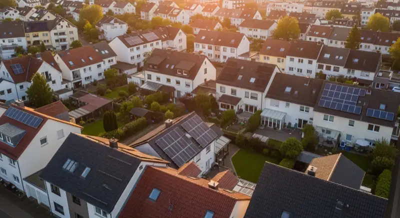Aerial drone view of typical German residential neighborhood with mixed roof types, red and dark roof tiles, gardens visible, sunny day