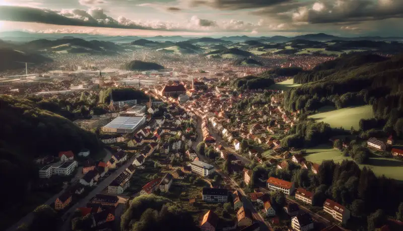 Panoramablick über Wuppertal mit Häusern an Hanglagen, teilweise mit PV-Anlagen