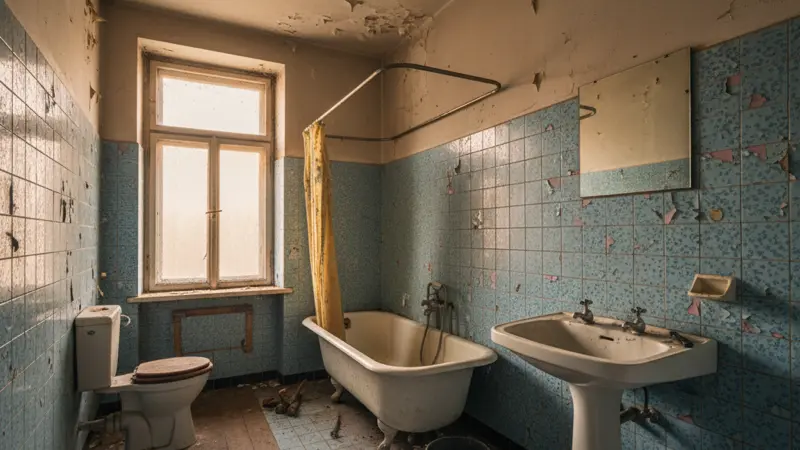 Altes renovierungsbedürftiges Badezimmer mit veralteten Fliesen und alter Badewanne