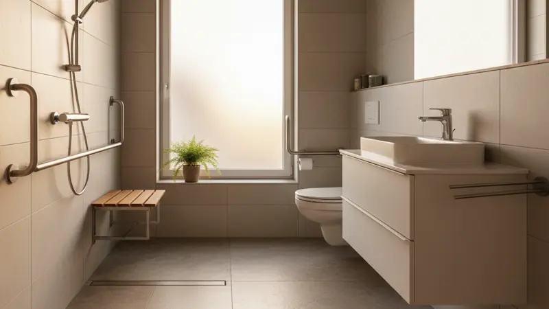 Barrierefreies Badezimmer mit bodenebener Dusche, Haltegriffen und Klappsitz