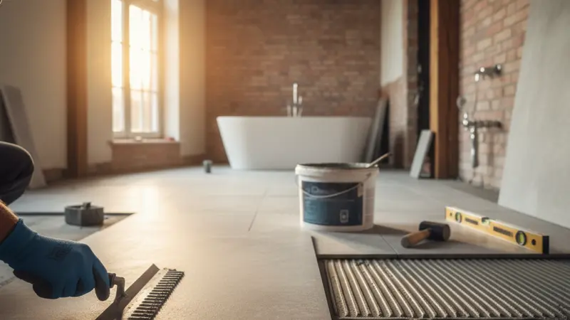 Handwerker beim Fliesenlegen im Badezimmer mit Zahnspachtel und großformatiger Bodenfliese