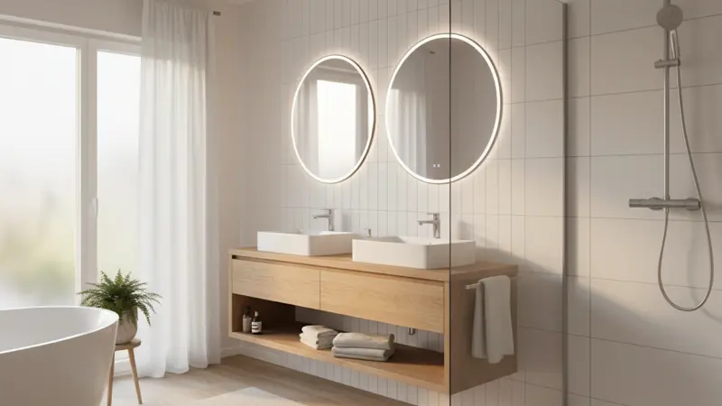 Modernes helles Badezimmer nach Renovierung mit begehbarer Dusche und Holzoptik-Waschtisch