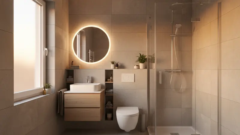 Kleines Badezimmer mit cleverer Raumnutzung, Eckdusche und Wandhänge-WC