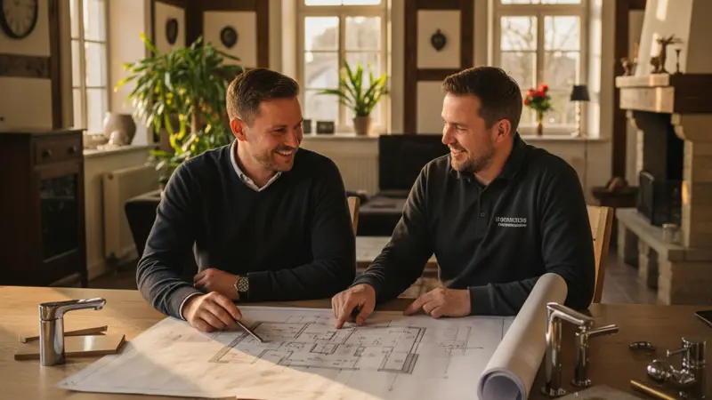 Planungsgespräch für Badezimmer-Renovierung zwischen Bauherr und Handwerker am Tisch mit Grundriss und Materialproben