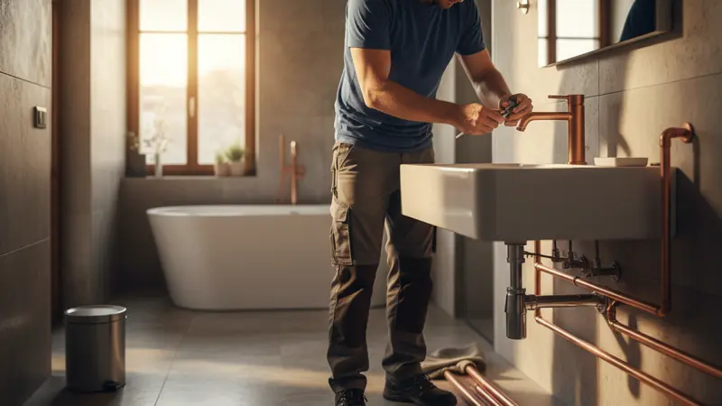 Sanitärinstallateur montiert Waschtisch-Armatur im Badezimmer