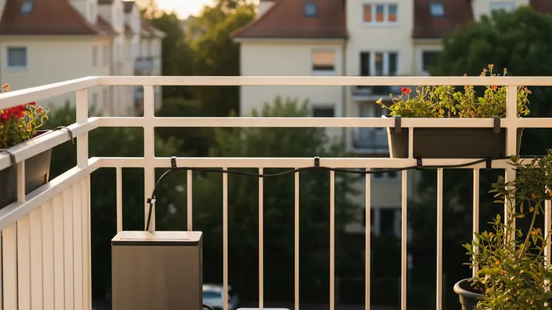 Kompakter Balkonkraftwerk-Speicher neben Mikrowechselrichter auf einem Balkon