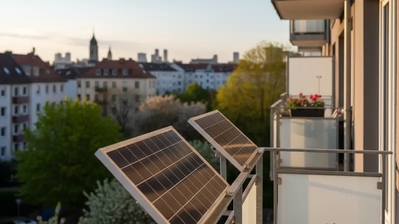 Balkonkraftwerk mit zwei Solarmodulen an einem modernen Balkongeländer einer deutschen Mietwohnung