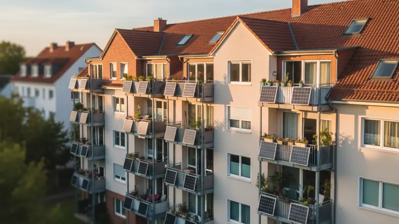 Deutsches Mehrfamilienhaus mit mehreren Balkonkraftwerken an verschiedenen Balkonen